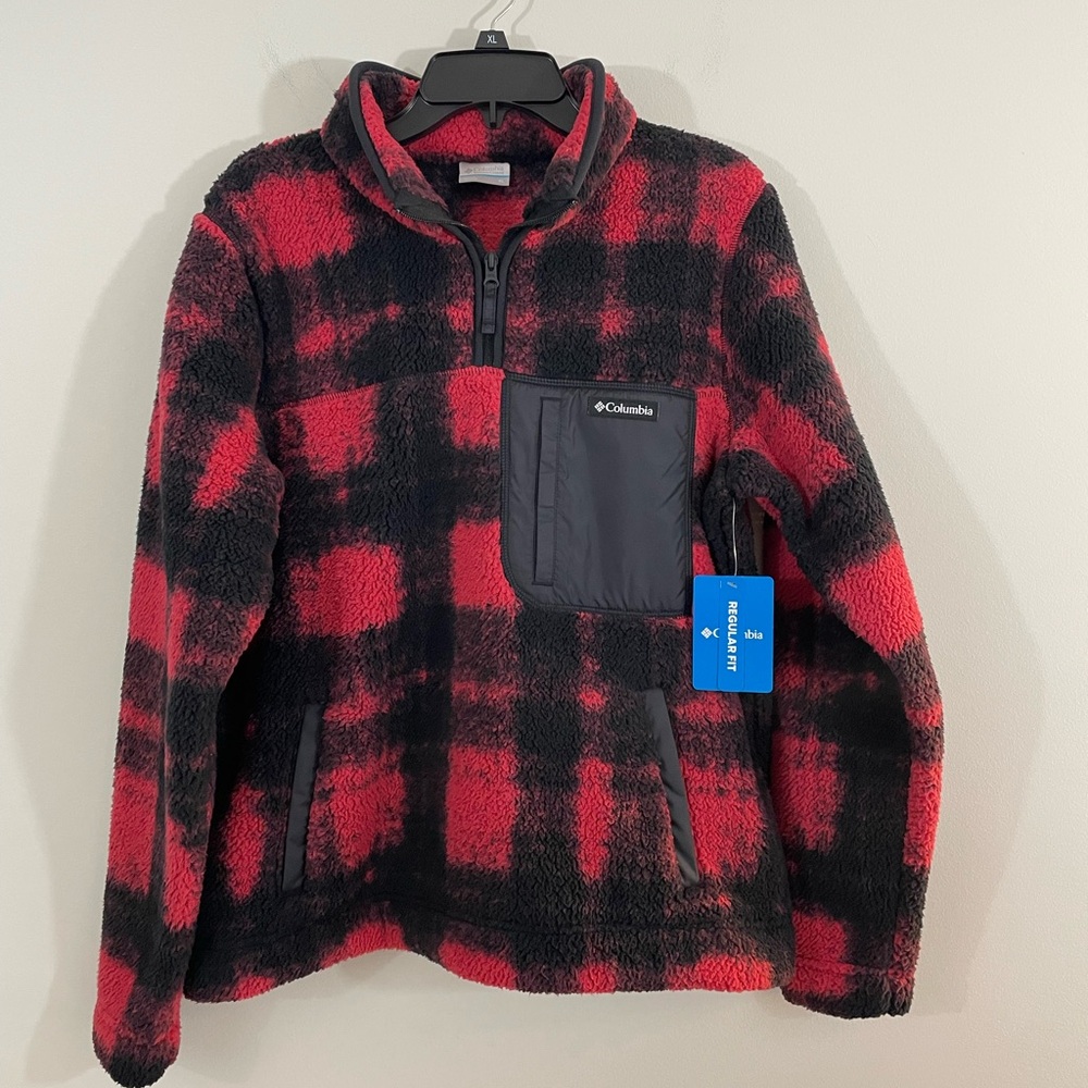 New COLUMBIA Jacket 1/4 zip Fleece pullover womens sz XL Buffalo Plaid red black
